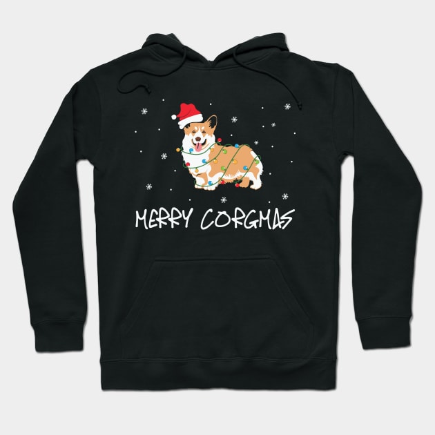 Merry Corgimas Pembroke Welsh Corgi Wearing Santa Hat Wrapped in Christmas Lights Hoodie by BadDesignCo